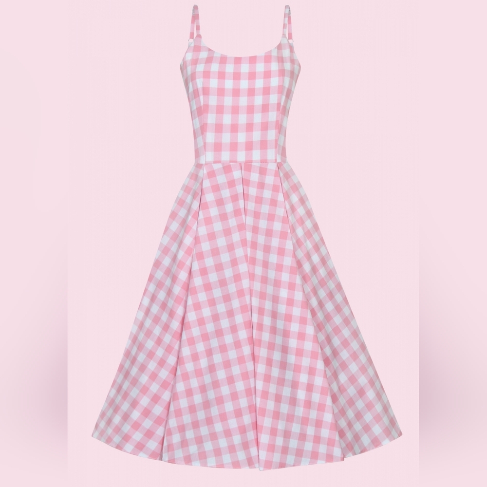 Priscilla Gingham Midi Dress from The Pretty Dress Company. Pink Gingham Dress.
